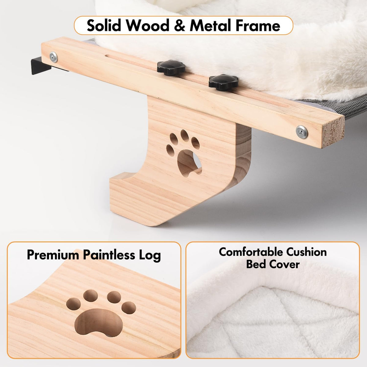 AMOSIJOY Cat Sill Window Perch Sturdy Hammock Window Seat with Cushion Cover, Wood & Metal Frame for Large Cats, Easy to Adjust Cat Bed for Windowsill, Bedside, Drawer and Cabinet (XL)
