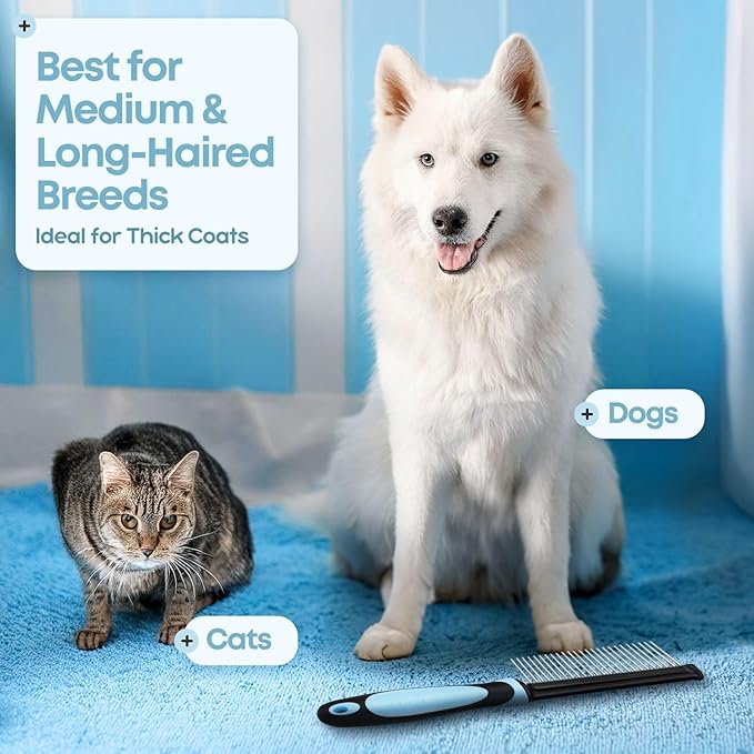 Flexzion Metal Pet Comb for Cats & Dogs - Sturdy Stainless Steel Rounded Teeth with Non-Slip Soft Grip Handle Easy to Use Grooming Detangling Cat Combs for Indoor Cats, Blue