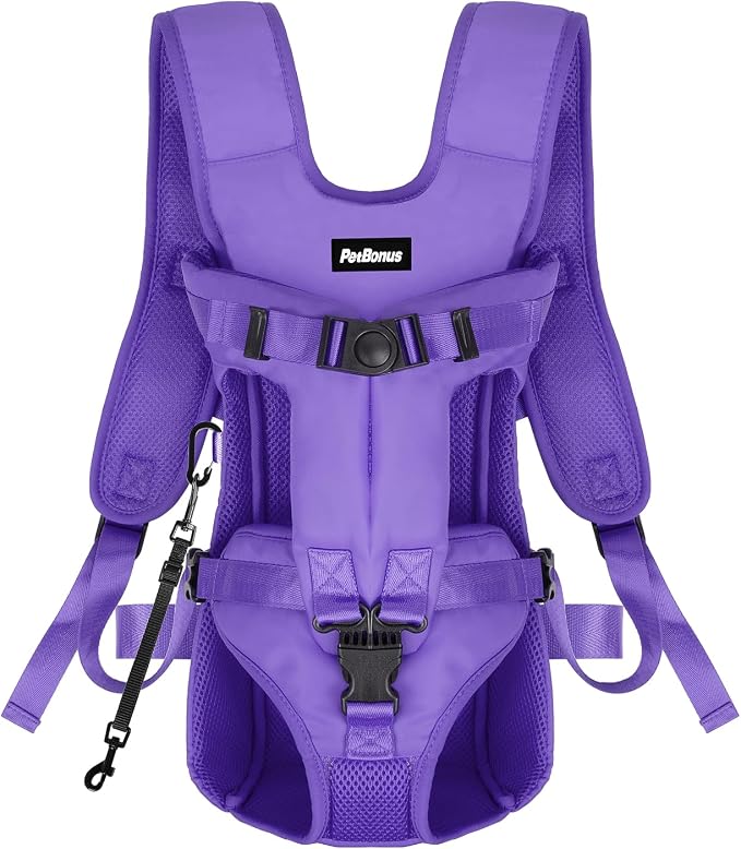 PetBonus Dog Front Carrier Backpacks, Legs Out Easy-fit Puppy Chest Carrier | Hands Free, Adjustable, Safety Strap, Walking Hiking Cycling Motorcycle bag, For Small Medium Dogs (Purple, M)