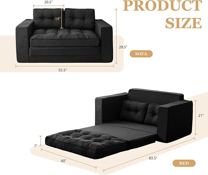YOSHOOT Loveseat Sleeper Sofa,55" Convertible Sofa Bed Couch Futon Couches for Living Room,3-in-1 Pull Out Floor Couch with Backrest and Pillows, Black