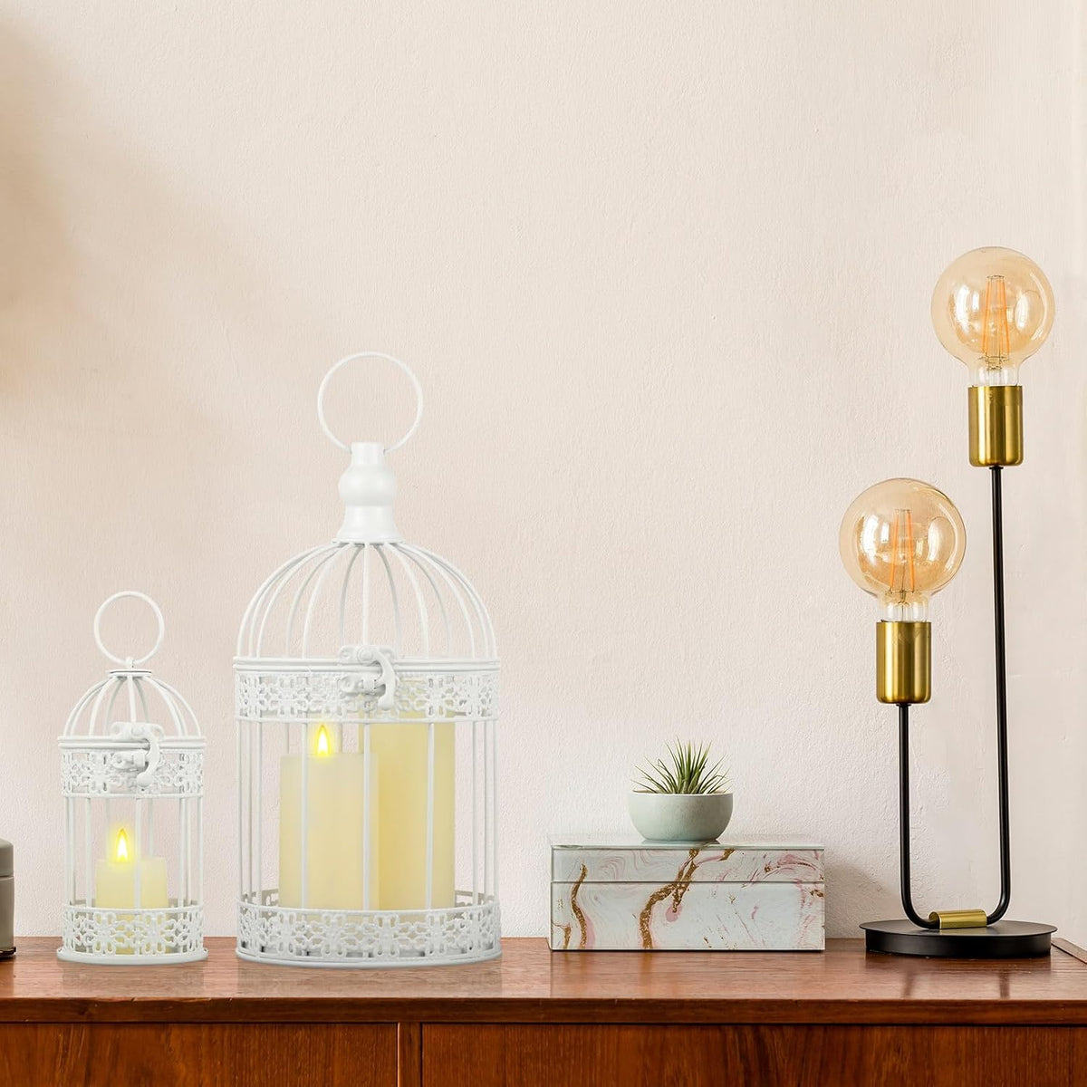 Sliner 4 Pcs Bird Cage Decorative Candle Holder Vintage Candle Holder Cage Lanterns Model for Modern Table House Home Decoration(White)
