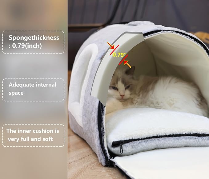 cat Bed cave-cat beds for Indoor Cats,Soft and Comfortable,Cute cat House,with Removable Washable Cushioned Pillow,Enclosed cat Bed,Kitty pet hut、Hideaway,Small Dog Tent,Grey
