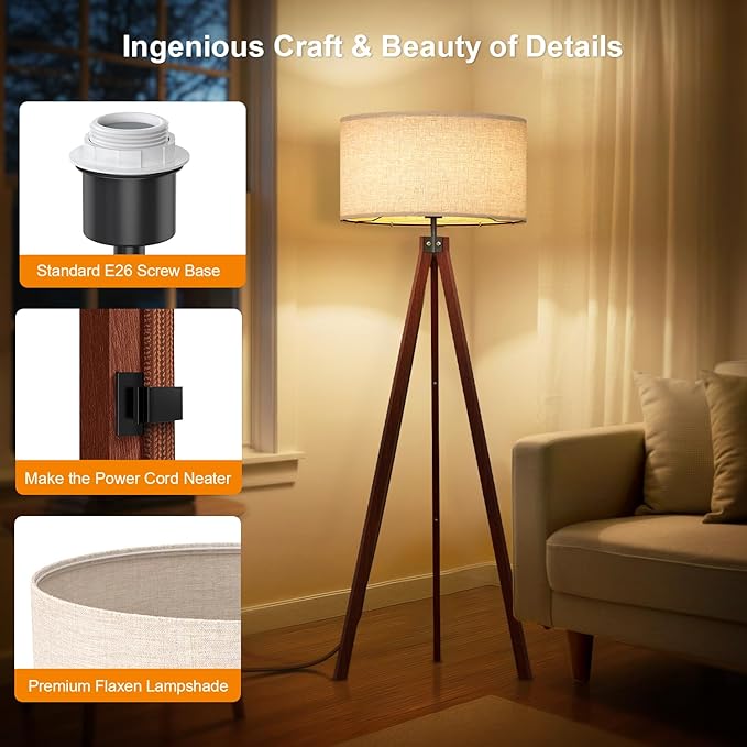 LEPOWER Wood Tripod Floor Lamp, Mid Century Standing Lamp, Modern Design Studying Light for Living Room, Bedroom, Study Room and Office, Flaxen Linen Shade with E26 Base Brown