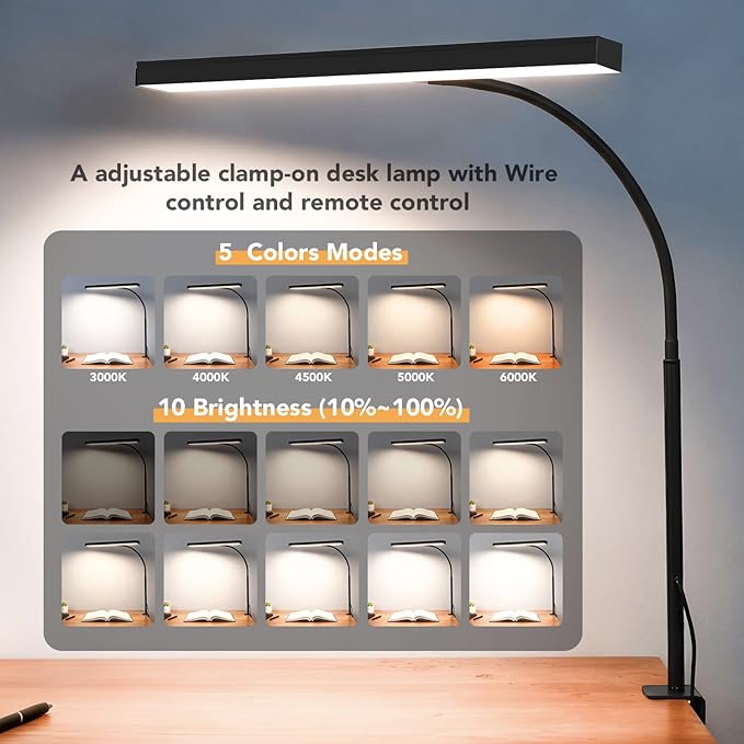 LED Desk Lamp for Office Home, Eye- caring Lamp with 10 Meter Remote Control Function, 5 Modes 10 Brightness Adjustable Desk Light Flexible Gooseneek Clip - on Light for Studying, Workbench (black)