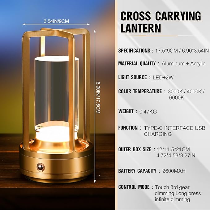 Portable Metal Table Lamp,Cordless Table Lamp, Rechargeable Battery Operated Lights, LED Table Lamps, 3 Color Stepless Dimming Touch, for Bedroom Restaurant Home Outdoor (Golden)