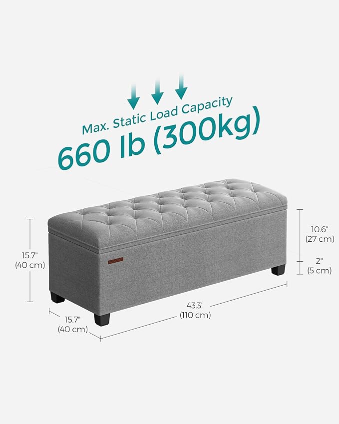 SONGMICS Storage Ottoman Bench, Foot Rest with Legs, 15.7 x 43.3 x 15.7 Inches, End of Bed Bench, Storage Chest, Load up to 660 lb, for Living Room, Bedroom, Entryway, Light Gray ULSF088G02