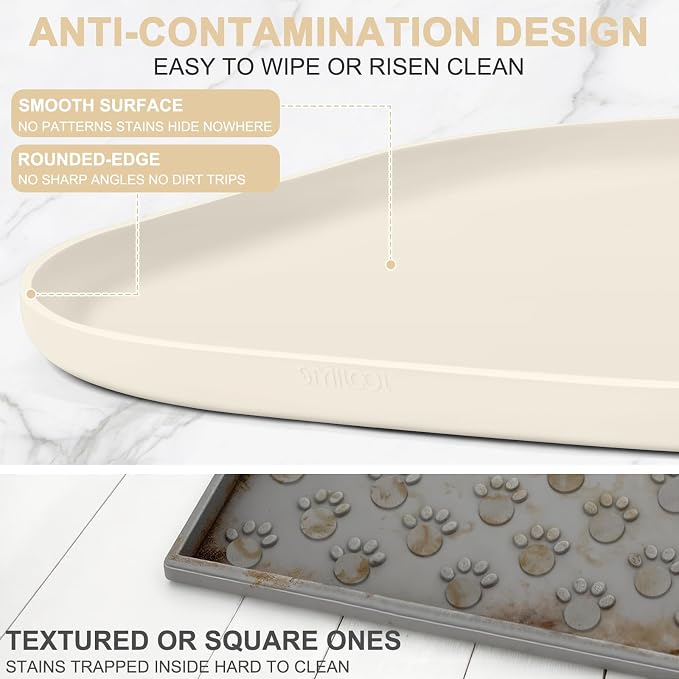 SMILOOL Waterproof Silicone Pet Food Mat with Raised Edge for Dog & Cat | 22" x 14" Non-Slip Pet Feeding Mats with Lip for Food & Water Bowl, Food Grade, Easy Cleaning, White Sand