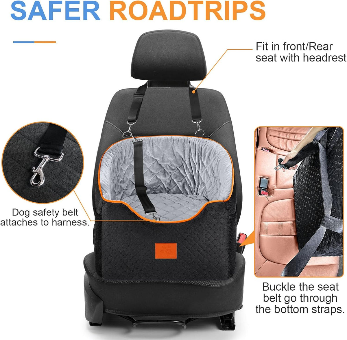 Dog Car Seat for Small Dogs, Memory Foam Booster Dog Seat for Dogs up to 35 lbs, Elevated Pet Car Seat with Washable Removable Cover, Storage Pockets(Black/Gray)