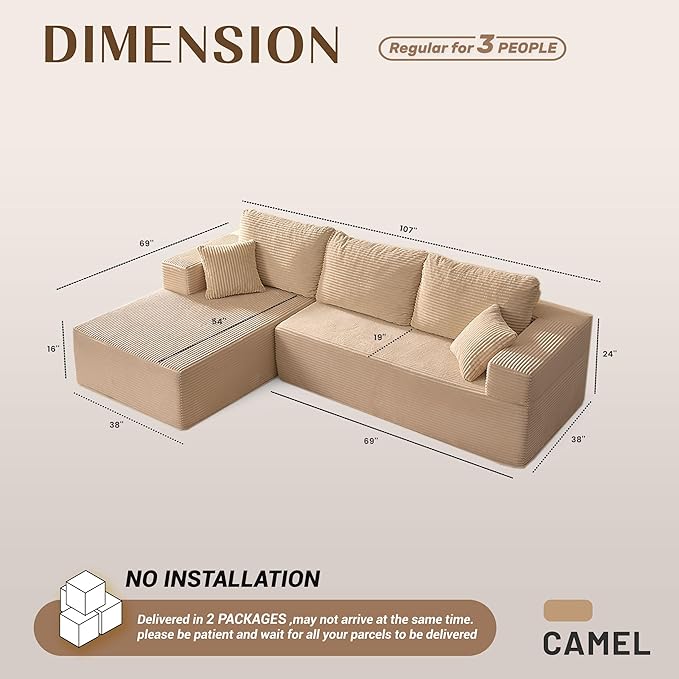 107" Boneless Couch with Deep Seat, Modular Sectional Sofa, Cloud Sectional Couch for Living Room, No Assembly Required, Corduroy, L-Shape Left?Camel