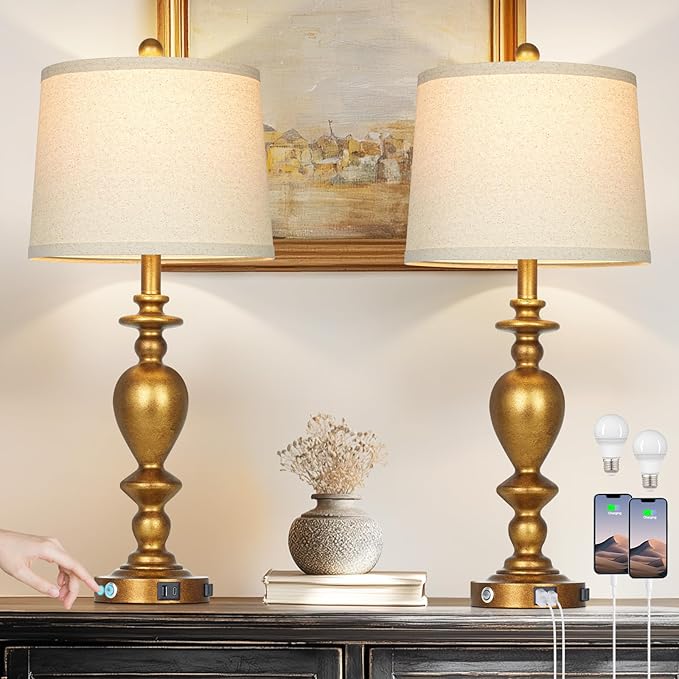 28" Farmhouse Table Lamps Set of 2 with USB C+A Ports & AC Outlet for Vintage Living Room Retro Bedroom,3-Way Dimmable Touch Lamp Resin Bedside Lamps for Nightstand Side End Table, Brass