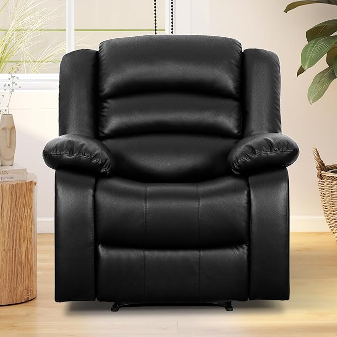 ANJ Black Recliner Chair Set of 2, with Overstuffed Arm and Back, Breathable Faux Leather Manual Reclining Chairs, Living Room Single Sofa Recliners