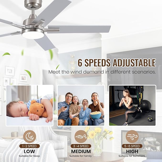 SODSEA Ceiling Fans with Lights, 52 inch Nickel Ceiling Fan with Light and