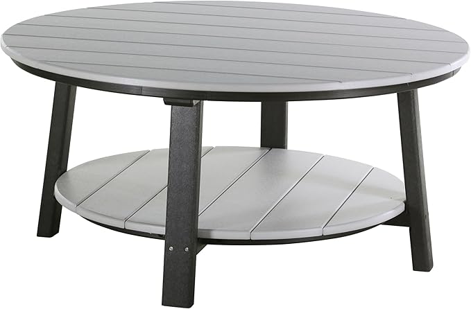 LuxCraft Deluxe Poly Round Outdoor Coffee Table, Two Tier Coffee Table, Round Conversation Tables for Outside Patio with Lower Shelf - Amish Made in USA (Dove Gray & Black)