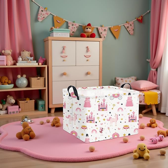 Rectangular Kids Storage Basket Baby Storage Basket with Handles for Home Kitchen Boys and Girls Cute Toy Storage Bin Organizer Shelf Book Room Decor(Princess Castle)