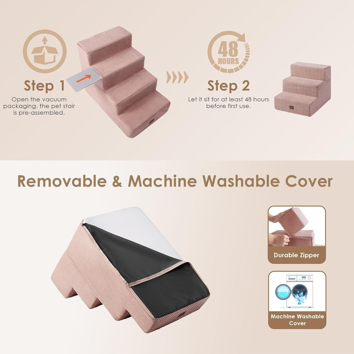 EHEYCIGA Dog Stairs for Small Dogs 13.5" H, 3-Step Dog Steps for Couch Sofa and Chair, Pet Steps for Medium Cats, Non-Slip Balanced Pet Ramp Indoor, Pink