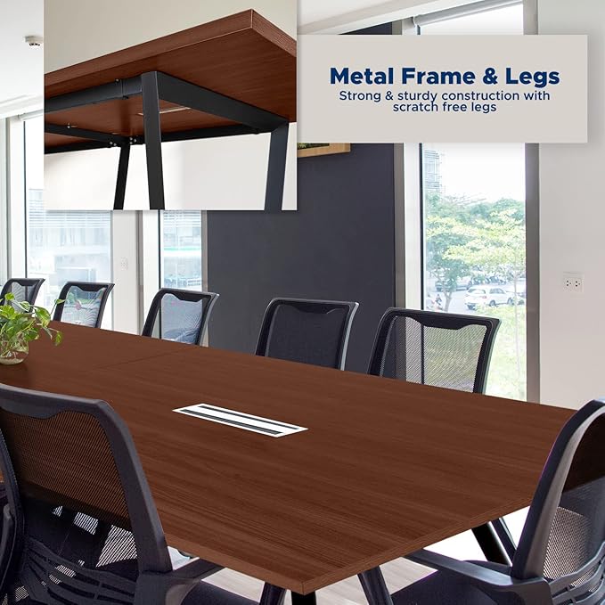 ahliss Sturdy Conference Table with Cable Management Grommets Modern Rectangle Office Meeting Table with Wood Tabletop and Metal Frame & Legs- Easy Assembly Boardroom Table (Mahogany, 10 Foot)
