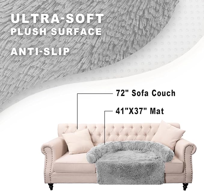 Calming Dogs/Cats Bed Mats, Dog Pad Washable Removable Couch Cover, Plush Long Fur Mat for Pets, Waterproof Lining, Perfect for Small, Medium and Large Dogs and Cats (Light Gray, 41"x37")