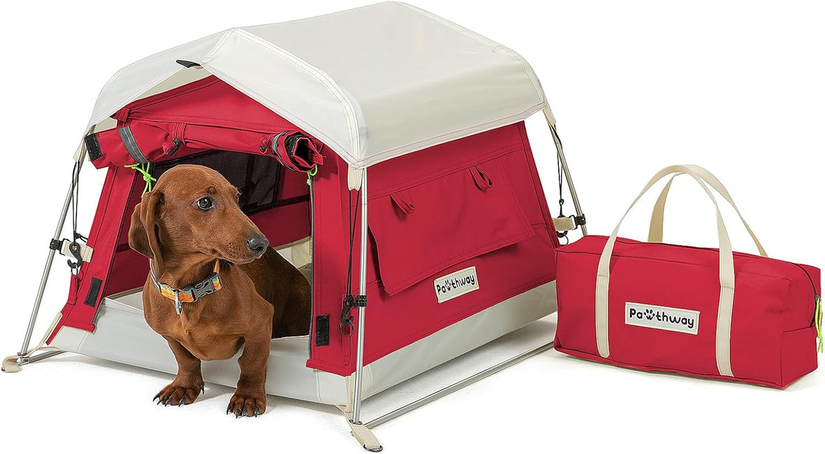Dog Tent Cotton Fabric, Aluminum Poles and Camping Mat, Outdoor Weatherproof, Dog House Outdoor, Breathable with 2 Side Windows, Portable and Collapsible (Red, Small)