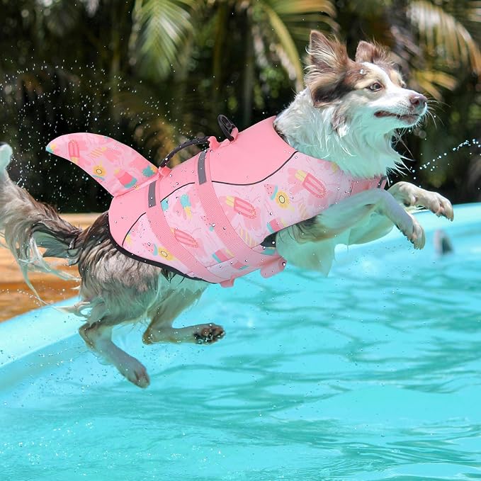 Dog Life Jacket High Flotation, Reflective Dog Life Vests for Swimming, Adjustable Dog Life Preserver Rescue Handle Spring Summer Pool for Small, Medium, Large Dogs (Pink Ice Cream,M)