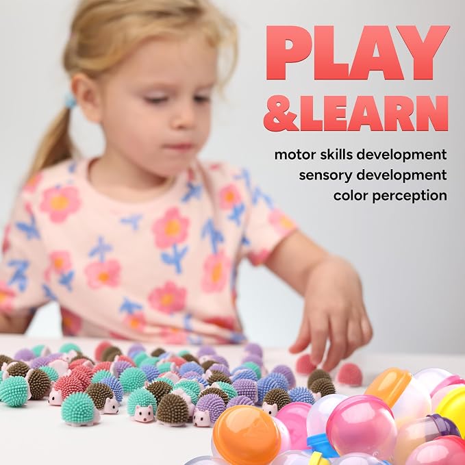 Hedgehog Mini Toys for Kids in Capsules - 50 Pcs of 1.1 Inch Plastic Capsule & Hedgehog Toy Figurines for Kids - Bulk Toys in Capsules - Easter Basket Stuffers