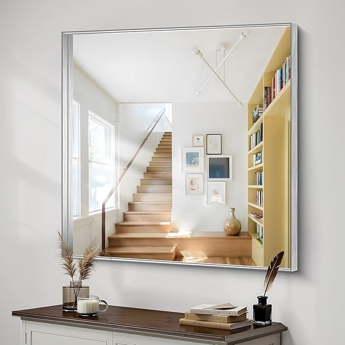CIRCUMI Silver Bathroom Mirror, Brushed Finish, Tempered Glass, Mirror