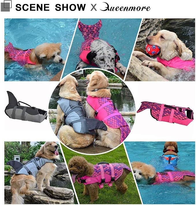 Dog Life Jacket Ripstop Shark Dog Safety Vest Adjustable Preserver with High Buoyancy and Durable Rescue Handle for Small,Medium,Large Dogs, Pink Fish Medium