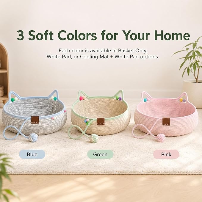 Handwoven Cotton Rope Cat Basket Bed with Hanging Ball Toy (Blue, Small) | cat bed, woven cat basket, kitten bed, small dog bed, cat toy ball, all season pet bed, washable cat cushion