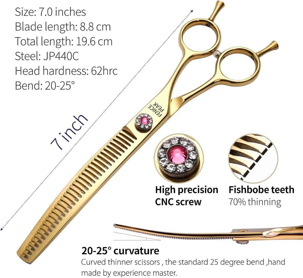 Fenice Peak Professional Dog Grooming Scissors Pet Curved Chunker Shears 7.0'' Extremely Sharp Blades 440C Steel Thinning Scissors Durable Smooth Motion & Fine Cut for Dogs and Cats(Gold)