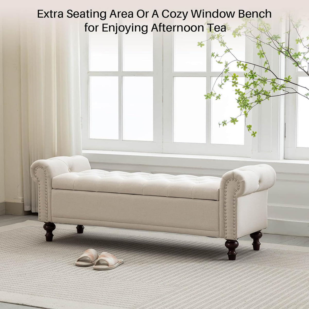 58.1'' Storage Bench Upholstered Linen End of Bedroom Bed Bench Ottoman with Tufted Cushioned Rolled Arm Large Storage Space for Reading Living Room Entryway, Beige