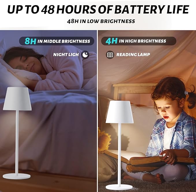 Maksone 2 Pack LED Cordless Table Lamp, 6600mWh Rechargeable Battery Desk Lamp, 3000K Stepless Dimming Night Light, IP54 Waterproof Metal Outdoor Portable Lamp for Camping, Restaurant (White)