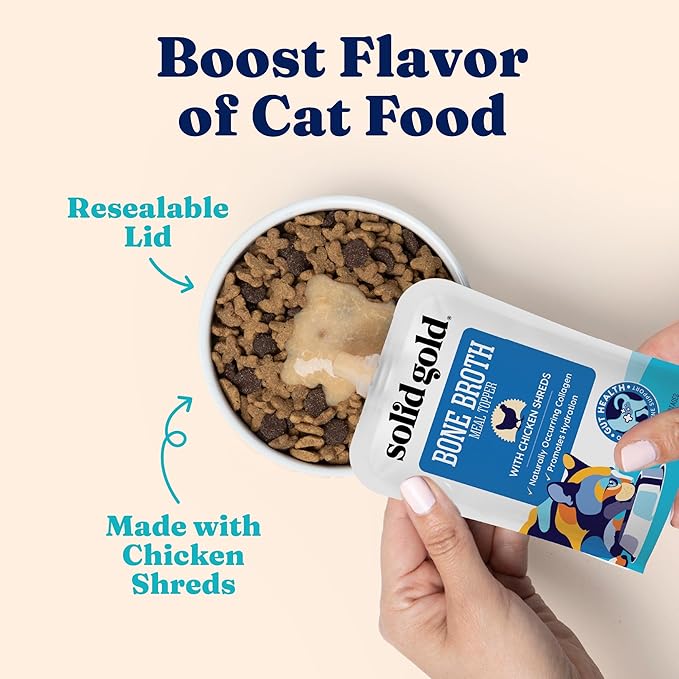 Solid Gold Bone Broth Cat Food Topper - Limited Ingredient Lickable Cat Broth Pouches w/Chicken Protein Shreds & Collagen for Hydration & Gut Support - Easy to Serve Gravy for Cats Meal Topper - 12ct