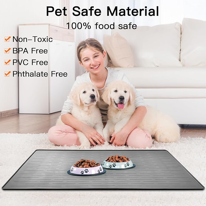 48" x 32" XXXL Largest Pet Food Mat, Silicone Dog Mats for Food and Water, Nonslip Pet Feeding Mats for Floors,Dog Cat Bowl Mat with Raised Edges, Dark Gray