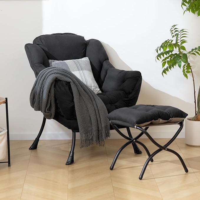 HollyHOME Lazy Chair with Foldable Ottoman, Accent Comfy Lounge Armchair and Folding Footrest Stool, Leisure Sofa Reading Chair and Footstool for Living Room, Bedroom, Dorm,Peachskin Fabric Black