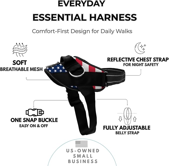 ShawnCo Essential Dog Harness, No-Pull Pet Vest (Stars and Stripes,M) | 3 Leash Clips, Easy On, No-Choke, Reflective, Adjustable Fit, Padded Comfort, Control Handle, For Small, Medium & Large Dogs