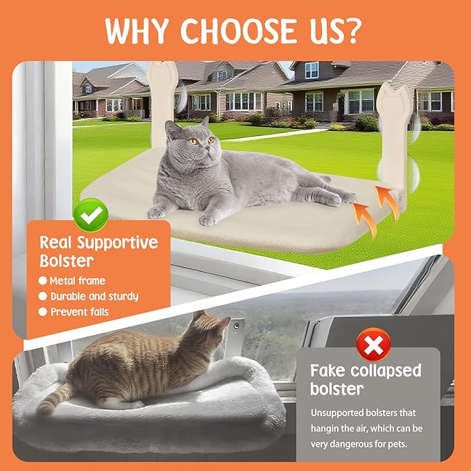 Cat Window Hammock 2-Pack,Foldable Cat Perch with Suction Cups & Metal Frame,Holds up to 40 lbs - Durable & Secure for Cats,Features 2-Sided Cushion & Easy Storage for Sunny Lounging(Beige)