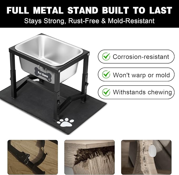 2.8 Gallon Elevated Large Dog Water Bowl, 4 Adjustable Height 10.5-15.8'' Raised Stainless Steel Bowl Stand with Anti-Slip Mat for Large Breed, Metal Dog Feeding Station for Relief Joint Pressure