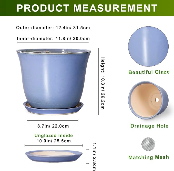 12 Inch Pots for Plants - Ceramic Planter with Drainage Hole and Plant Saucer, Round Plant Pot for Indoor Outdoor, Modern Large Flower Planter, Garden Decor, Plant Lovers Gifts, Purple-Blue