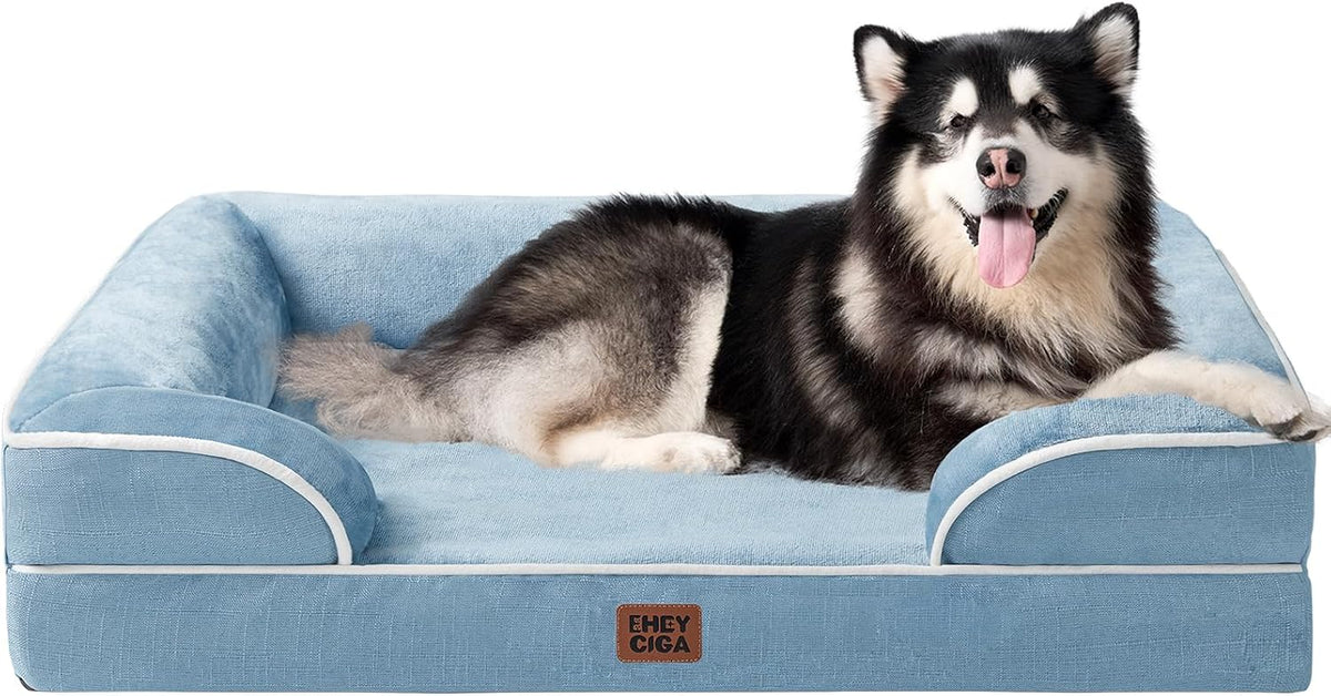 EHEYCIGA Orthopedic Dog Beds for Extra Large Dogs, Waterproof Memory Foam XXL Dog Bed with Sides, Non-Slip Bottom and Egg-Crate Foam Big Pet Couch Bed with Washable Removable Cover, Washed Blue