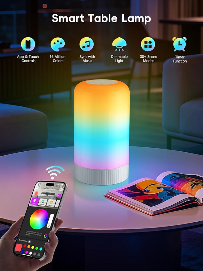 RGBICWW Smart Table Lamp, Touch Bedside Lamp with App Control, LED Desk Lamp with Music Sync, 30+ Scenes & 16M Colors, Color Changing Lamp for Bedroom Living Room Gaming Dimmable Night Light, Gold