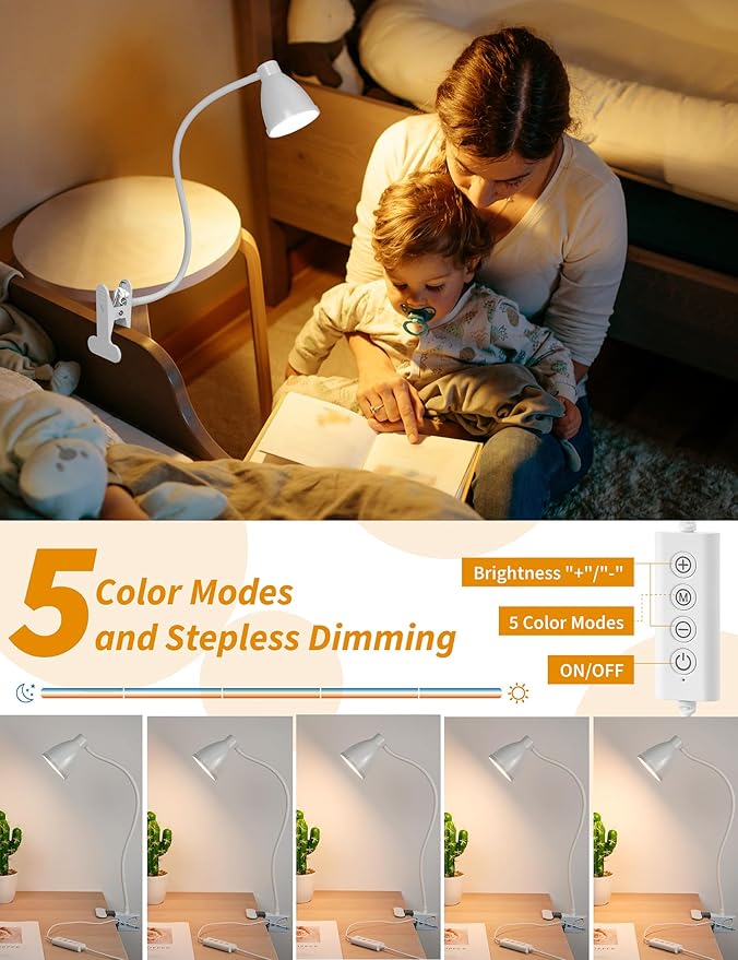 BOHON Clamp Lamp Reading Light 5 Color Modes 10 Brightness Dimmer Bedside Lamp 10W 38 LED Desk Lamp with Auto Off Timer 360° Flexible Gooseneck Clip on Light for Bed Office, Adapter Include, White