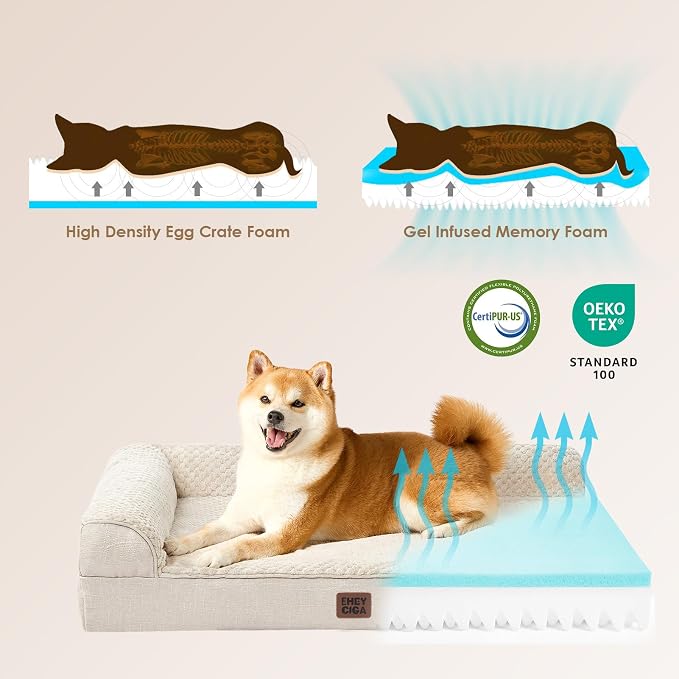 EHEYCIGA Memory Foam Dog Bed Large Size Dogs, Orthopedic Dog Bed Large with Washable Removable Cover, Waterproof Pet Sofa Couch with Nonskid Bottom, 36x27x6, Beige | Washable Removable Cover, Waterproof Flat Pet Sofa Couch with Nonskid Bottom, 36x27x6