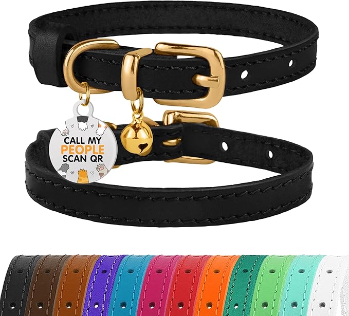 BRONZEDOG Leather Cat Collar with Removable Bells Non Breakaway Kitten QR Tag for Girl Boy (7" - 9" for Cats, Black & Gold)