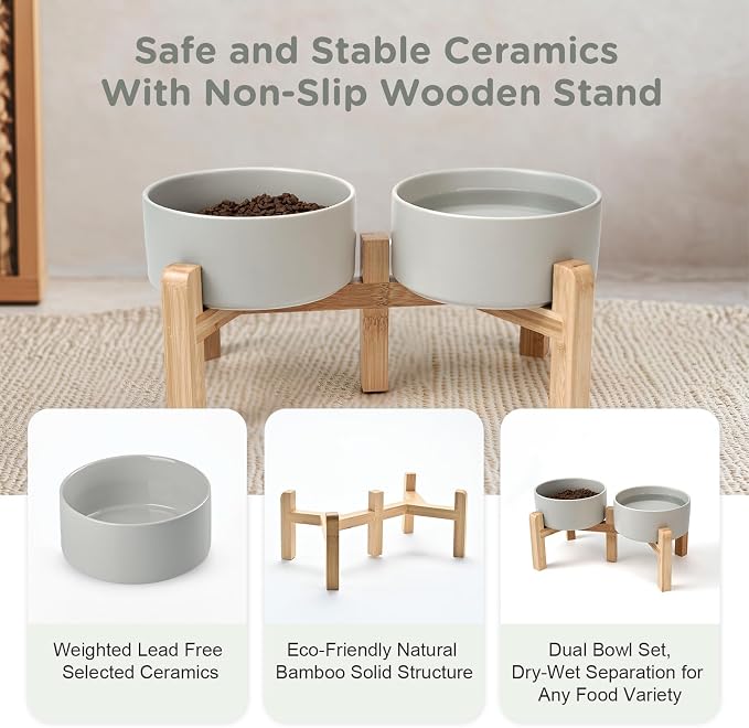 SPUNKYJUNKY Elevated Dog Bowls Ceramic, 6.1'' Dogs and Cat Food Water Bowls Raised with Non-Slip Bamboo Stand for Medium Sized Breed Microwave Dishwasher Safe - 28.7 OZ,Grey