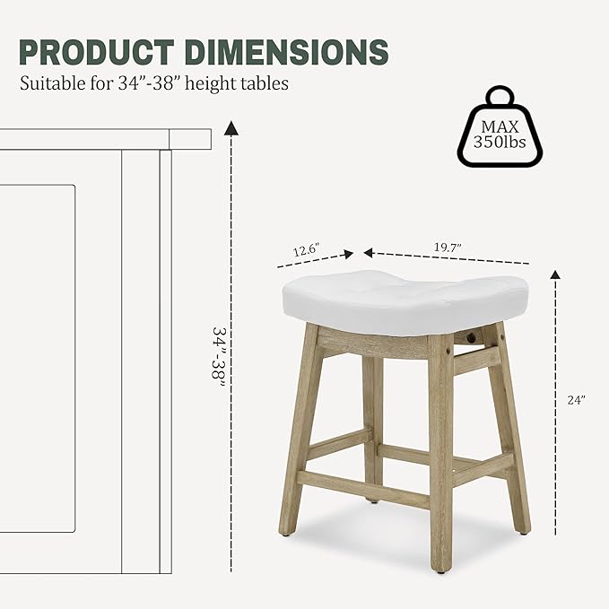 RNKSFX Counter Height Bar Stools Set of 4 for Kitchen Counter, Wooden Backless Island Barstools Farmhouse Modern Short Stools No Back with Faux Leather Saddle Seat 24 inch Counter Top Chairs, White
