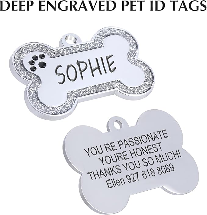 Personalized Stainless Steel Pet ID Tags with Glittery Bone Design - DEEP Engraved Dog Tags Engraved for Pets Customized with 5 Lines Dogs and Cats Pets