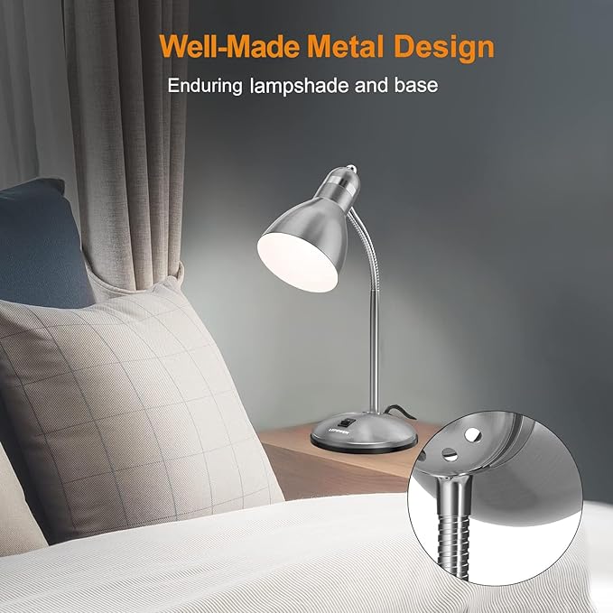 LEPOWER Metal Desk Lamp, Adjustable Goose Neck Table Lamp, Eye-Caring Study Desk Lamps for Bedroom, Study Room and Office (Silver)