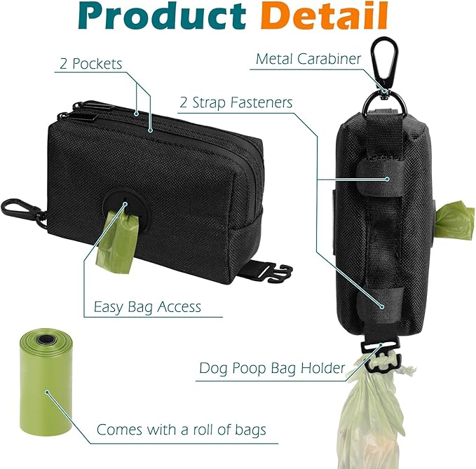 PetBonus Dog Poop Bag Holder, Portable Pet Waste Bag Dispenser, 2 Pouches for Treats and Walking Accessories, Fit All Leashes, Includes 1 Roll of Dog Poop Bags (Black)