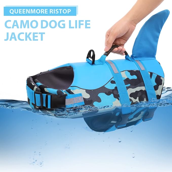 Dog Life Jacket Ripstop Dog Shark Safety Vest Adjustable Preserver with High Buoyancy and Durable Rescue Handle for Small,Medium,Large Dogs, Blue Camouflage XX-Large