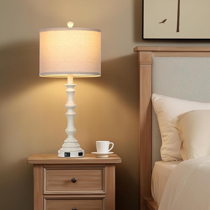 27.5" Farmhouse Table Lamps Set of 2 with USB C+A Ports & AC Outlet for Vintage Living Room Retro Bedroom,3-Way Dimmable Touch Lamp Resin Bedside Lamps for Nightstand Side End Table,White-1