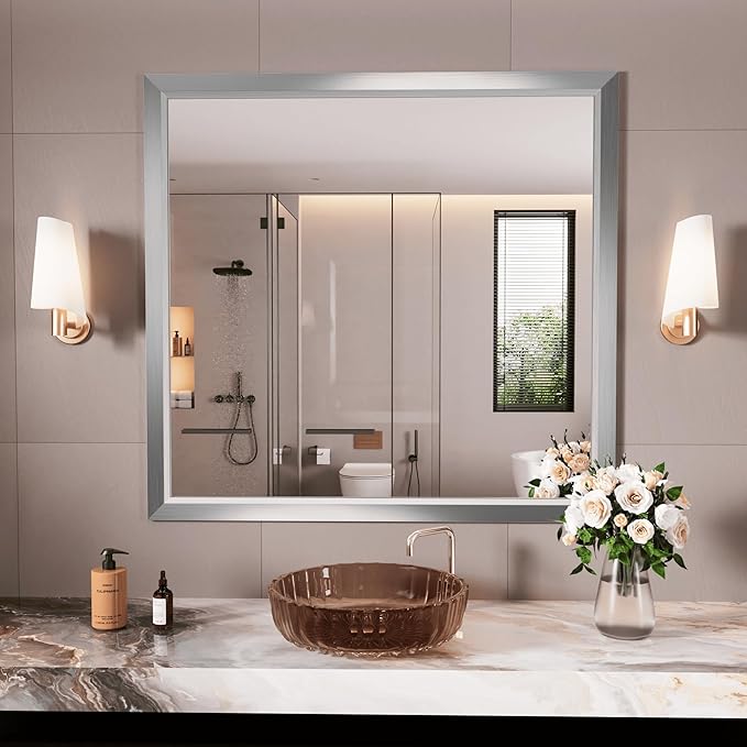 Amorho Bathroom Mirror, 40x38 Inch Silver Thick Metal Framed Wall Mirrors